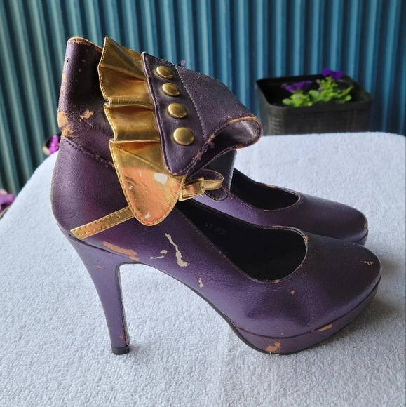 Purple and  Gold High Heels Boots - Picture 2 of 16